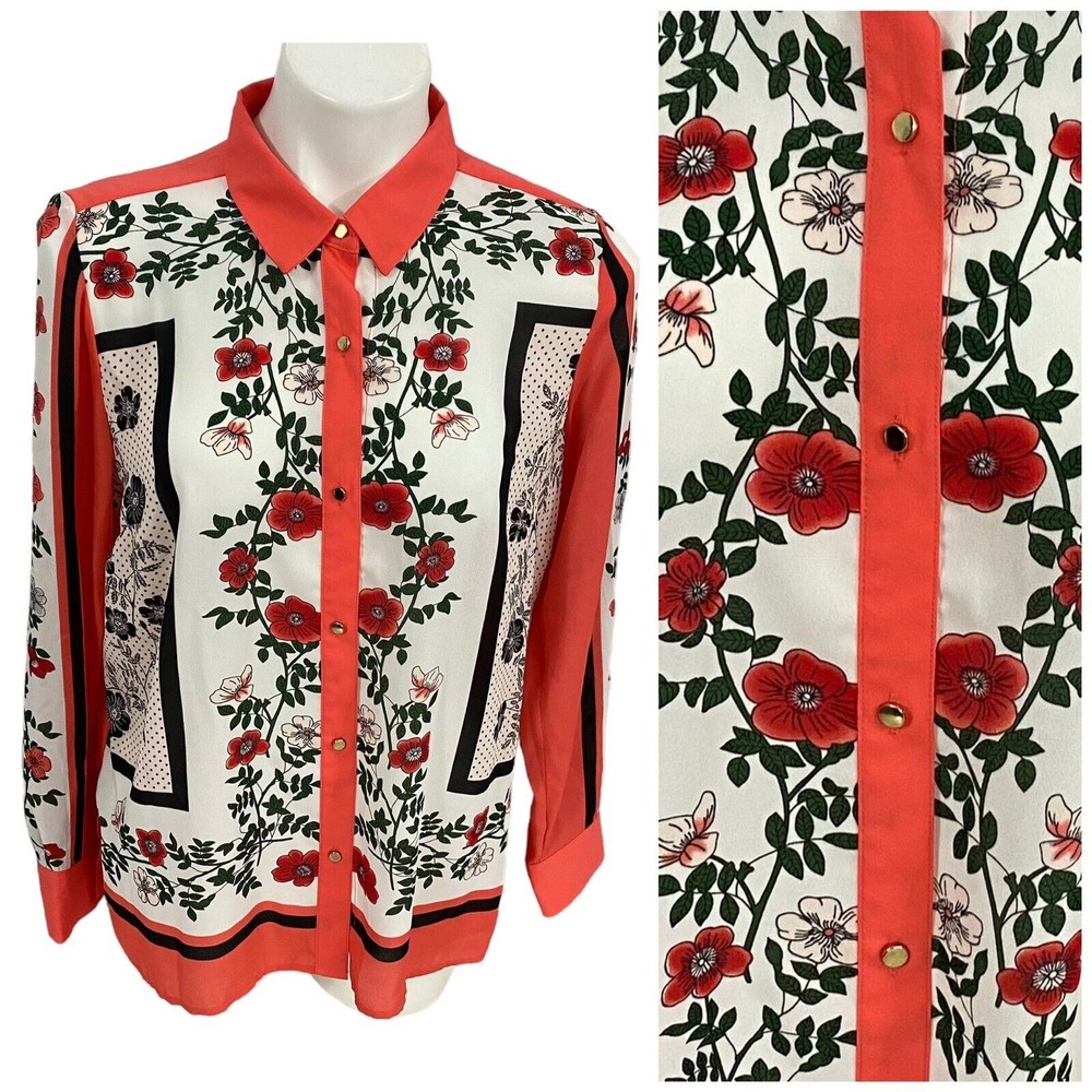 Liz Claiborne Top Womens Small Shirt Orange Border Floral Chiffon Office Casual